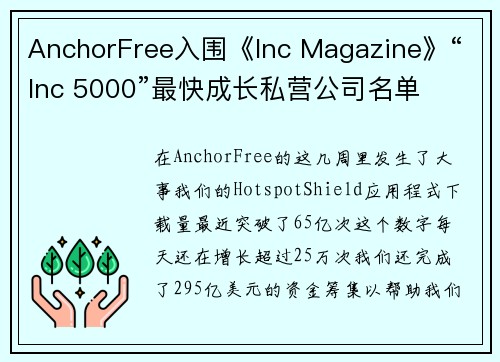 AnchorFree入围《Inc Magazine》“Inc 5000”最快成长私营公司名单 